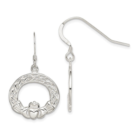 Sterling Silver Polished & Textured Celtic Knot Claddagh Dangle Earrings