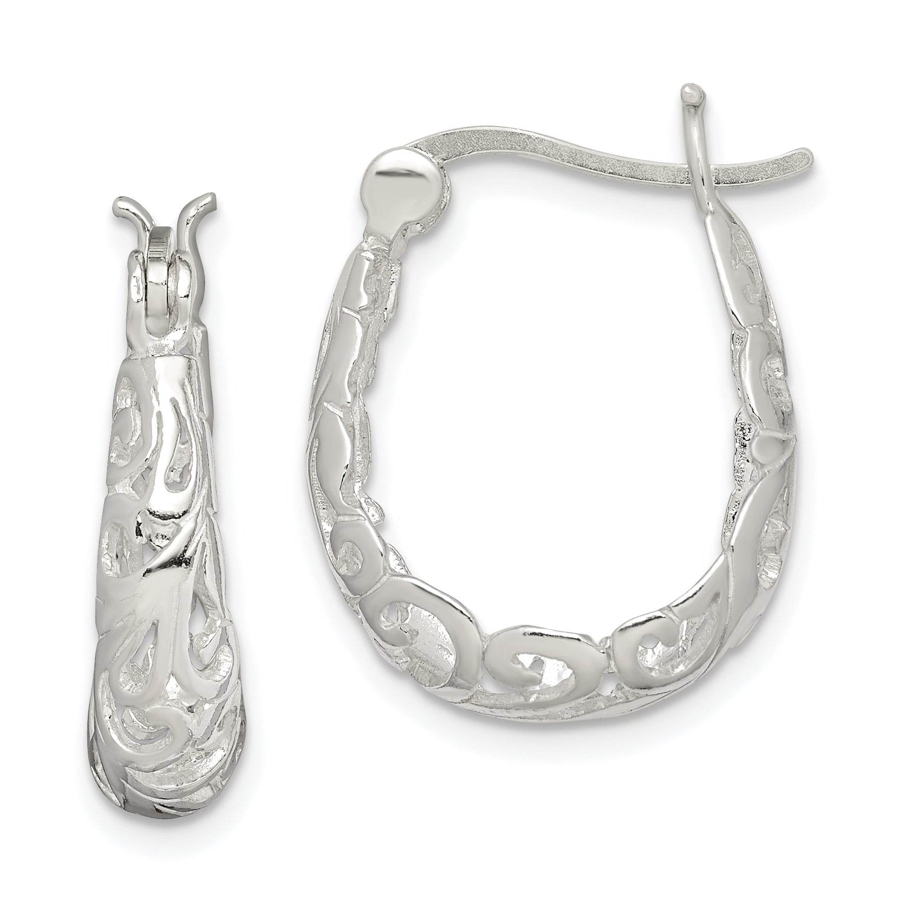 Sterling Silver Polished Filigree Oval Hoop Earrings