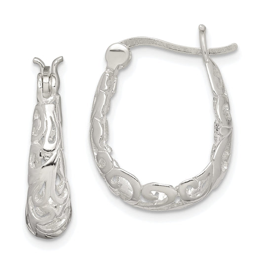 Sterling Silver Polished Filigree Oval Hoop Earrings