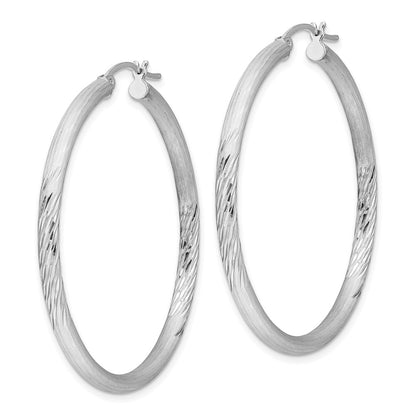 Sterling Silver Rhodium-Plated 3mm Polished/Satin Diamond-Cut Hoop Earrings