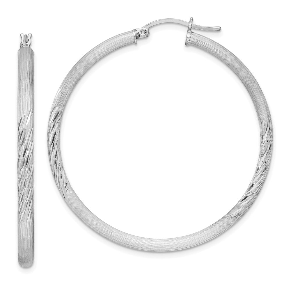 Sterling Silver Rhodium-Plated 3mm Polished/Satin Diamond-Cut Hoop Earrings