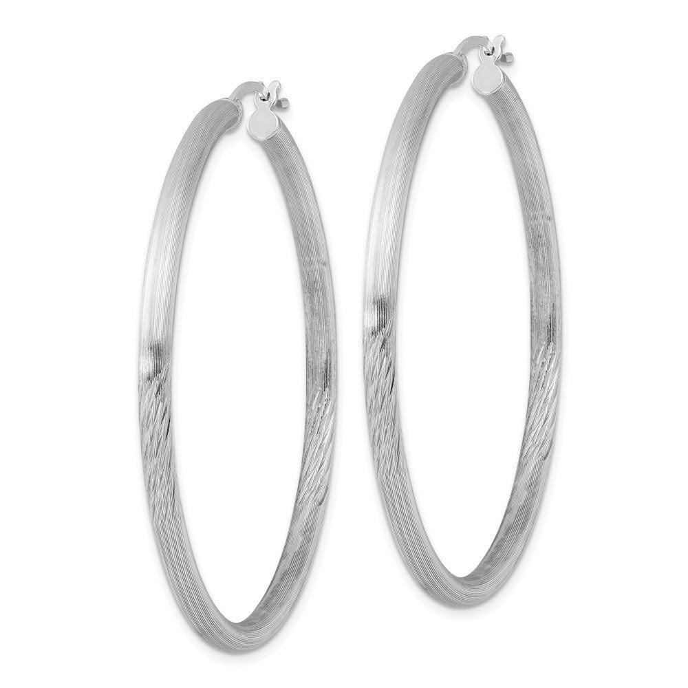 Sterling Silver Rhodium-Plated 3mm Polished/Satin Diamond-Cut Hoop Earrings