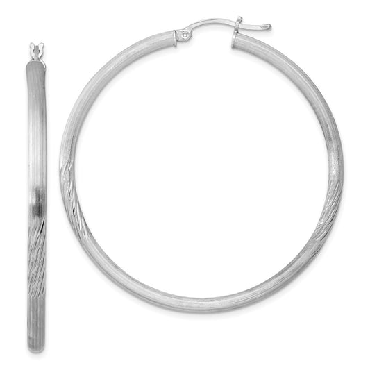 Sterling Silver Rhodium-Plated 3mm Polished/Satin Diamond-Cut Hoop Earrings