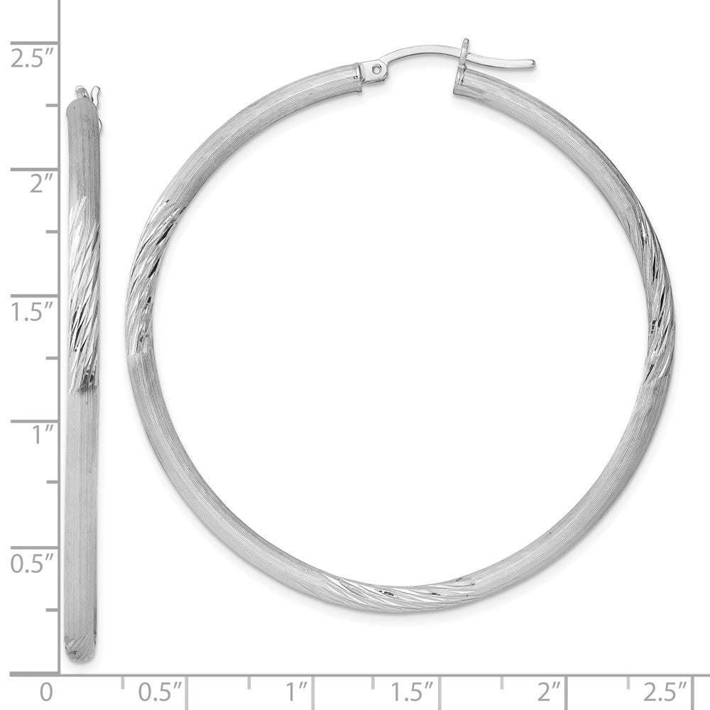 Sterling Silver Rhodium-Plated 3mm Polished/Satin Diamond-Cut Hoop Earrings