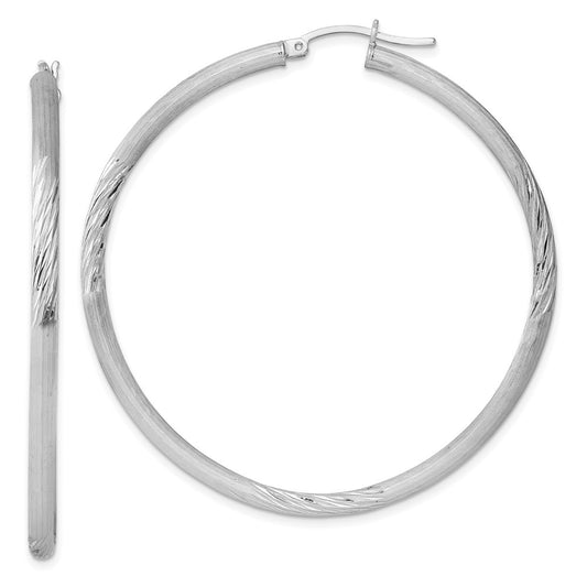 Sterling Silver Rhodium-Plated 3mm Polished/Satin Diamond-Cut Hoop Earrings