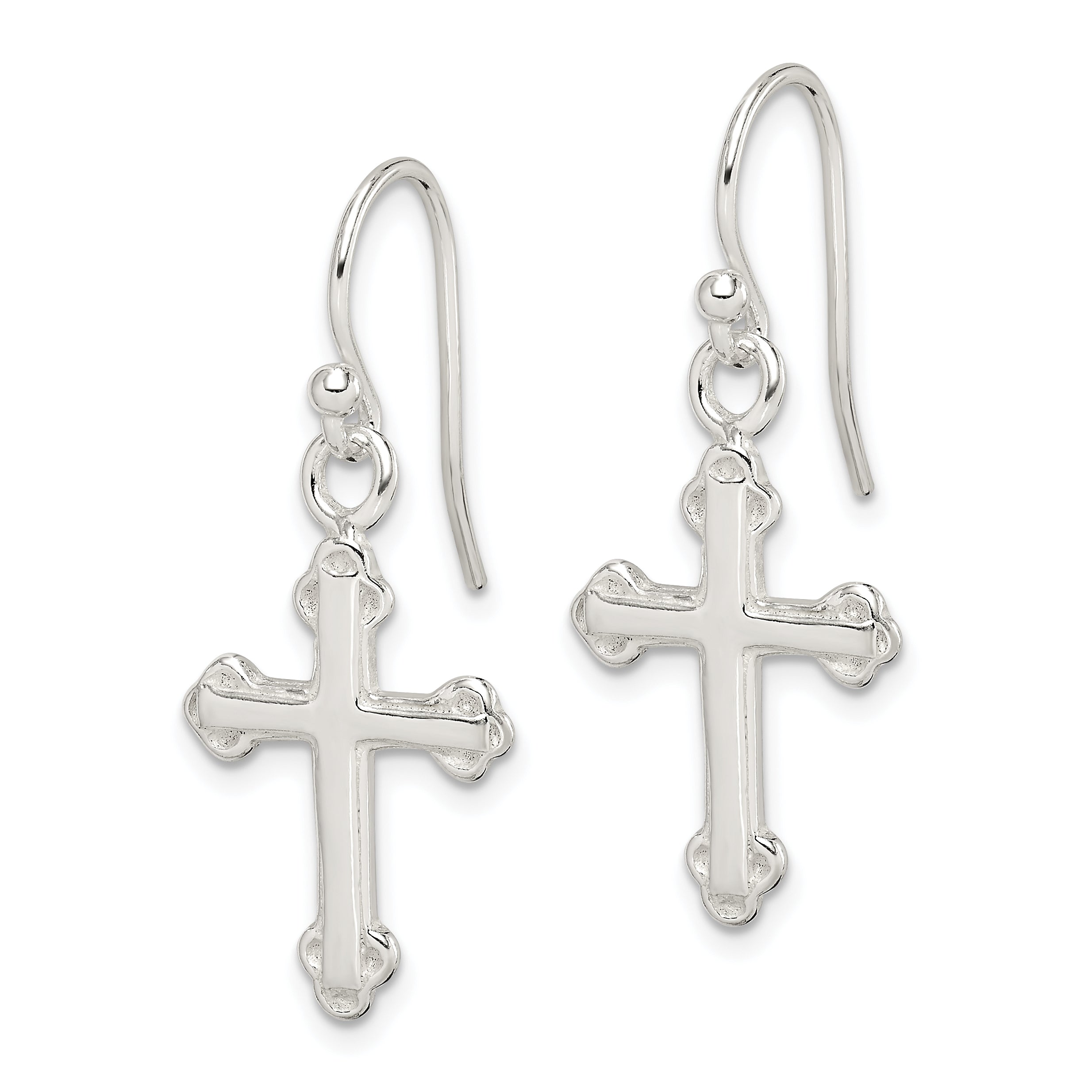 Sterling Silver Polished Budded Cross Dangle Earrings