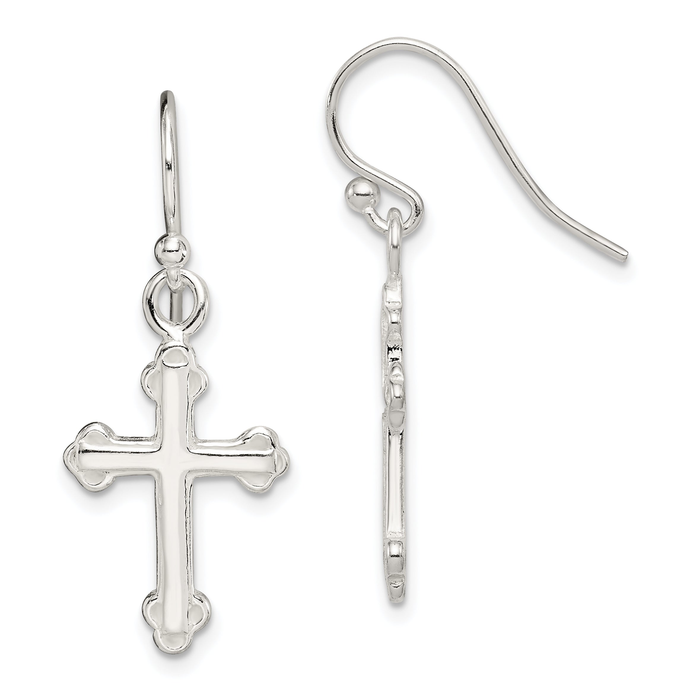 Sterling Silver Polished Budded Cross Dangle Earrings