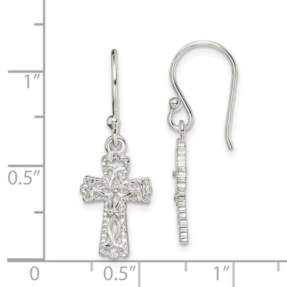 Sterling Silver Polished & Textured Cross Dangle Earrings
