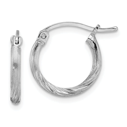 Sterling Silver Rhodium-Plated 2mm Polished/Satin Diamond-Cut Hoop Earrings