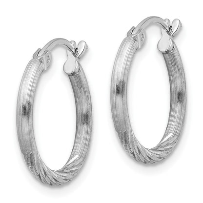 Sterling Silver Rhodium-Plated 2mm Polished/Satin Diamond-Cut Hoop Earrings