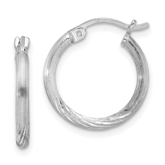 Sterling Silver Rhodium-Plated 2mm Polished/Satin Diamond-Cut Hoop Earrings