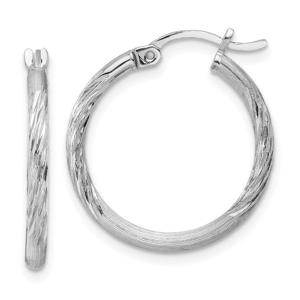 Sterling Silver Rhodium-Plated 2mm Polished/Satin Diamond-Cut Hoop Earrings