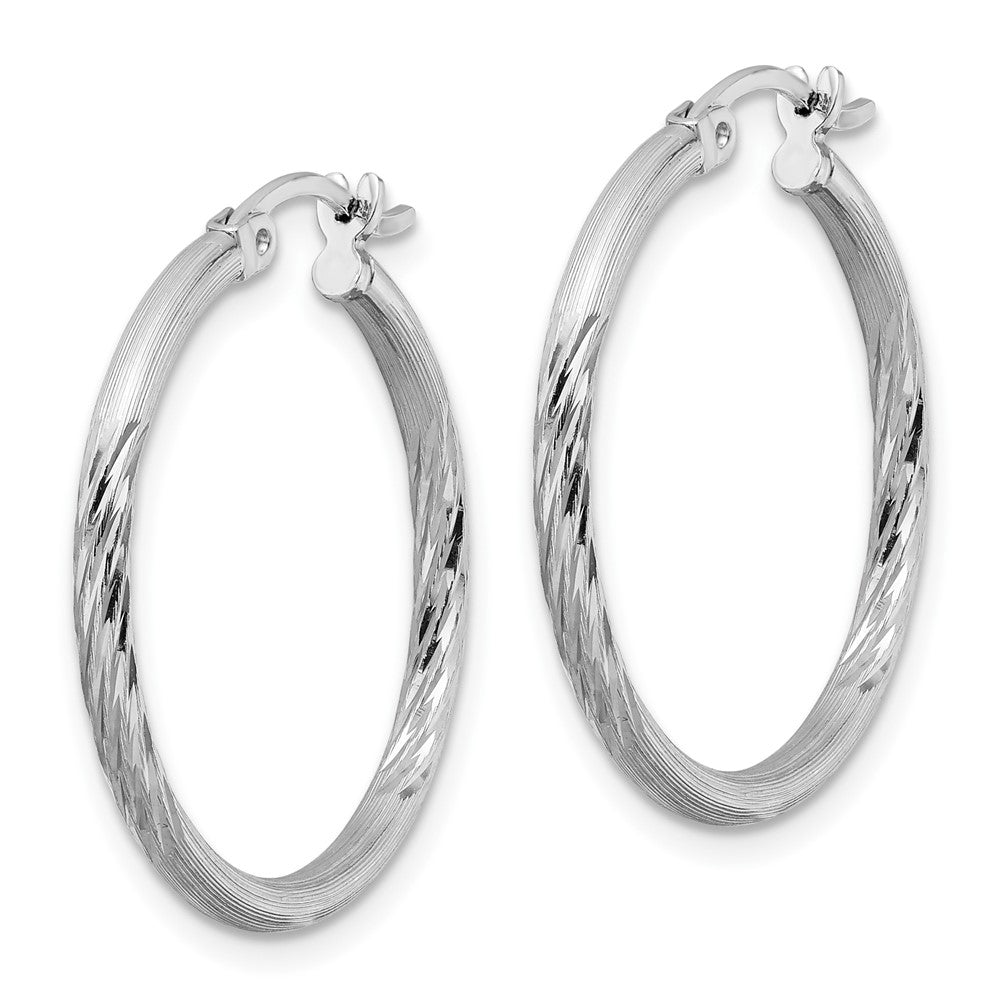 Sterling Silver Rhodium-Plated 2mm Polished/Satin Diamond-Cut Hoop Earrings