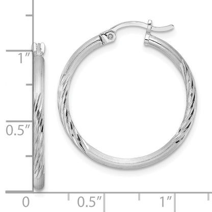 Sterling Silver Rhodium-Plated 2mm Polished/Satin Diamond-Cut Hoop Earrings