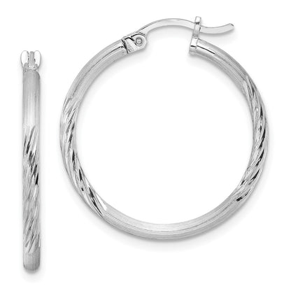 Sterling Silver Rhodium-Plated 2mm Polished/Satin Diamond-Cut Hoop Earrings