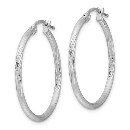 Sterling Silver Rhodium-Plated 2mm Polished/Satin Diamond-Cut Hoop Earrings