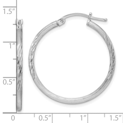 Sterling Silver Rhodium-Plated 2mm Polished/Satin Diamond-Cut Hoop Earrings
