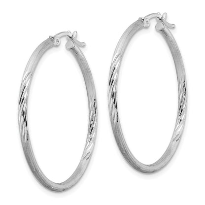 Sterling Silver Rhodium-Plated 2mm Polished/Satin Diamond-Cut Hoop Earrings