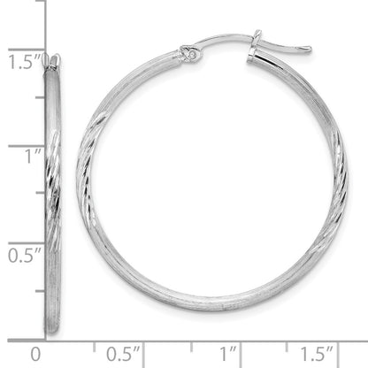 Sterling Silver Rhodium-Plated 2mm Polished/Satin Diamond-Cut Hoop Earrings