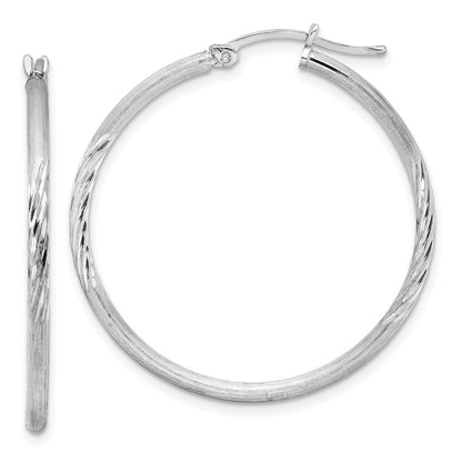 Sterling Silver Rhodium-Plated 2mm Polished/Satin Diamond-Cut Hoop Earrings