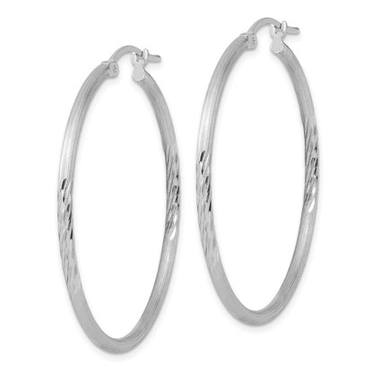 Sterling Silver Rhodium-Plated 2mm Polished/Satin Diamond-Cut Hoop Earrings