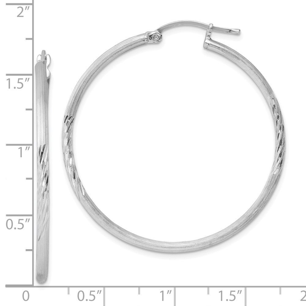 Sterling Silver Rhodium-Plated 2mm Polished/Satin Diamond-Cut Hoop Earrings
