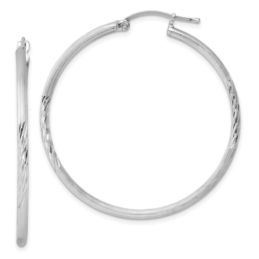 Sterling Silver Rhodium-Plated 2mm Polished/Satin Diamond-Cut Hoop Earrings