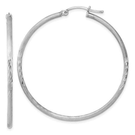 Sterling Silver Rhodium-Plated 2mm Polished/Satin Diamond-Cut Hoop Earrings