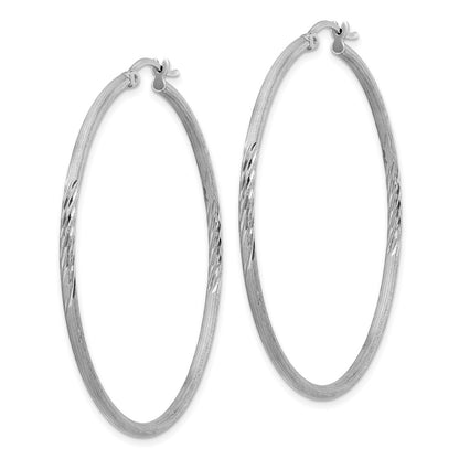 Sterling Silver Rhodium-Plated 2mm Polished/Satin Diamond-Cut Hoop Earrings