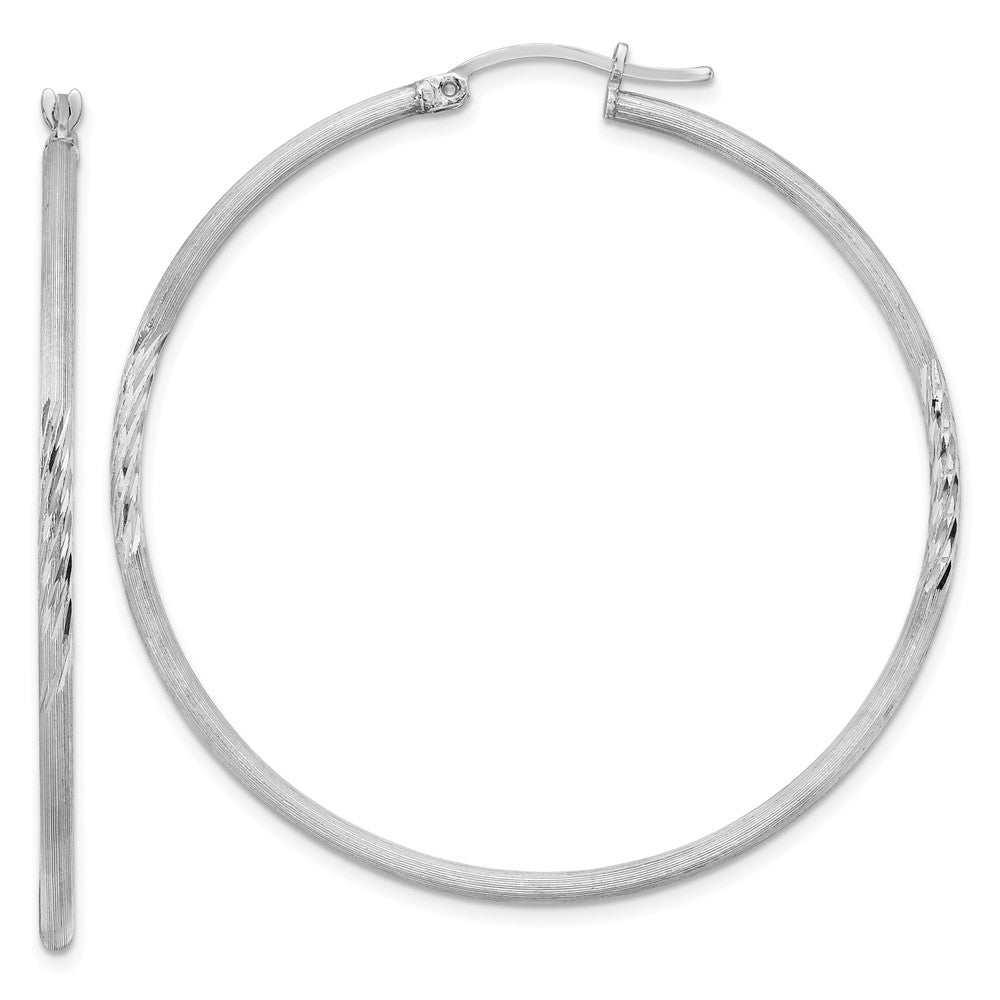 Sterling Silver Rhodium-Plated 2mm Polished/Satin Diamond-Cut Hoop Earrings
