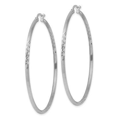 Sterling Silver Rhodium-Plated 2mm Polished/Satin Diamond-Cut Hoop Earrings