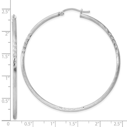 Sterling Silver Rhodium-Plated 2mm Polished/Satin Diamond-Cut Hoop Earrings
