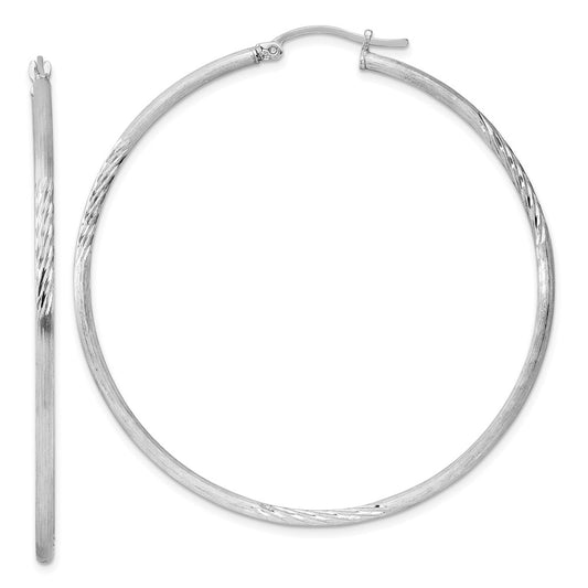 Sterling Silver Rhodium-Plated 2mm Polished/Satin Diamond-Cut Hoop Earrings