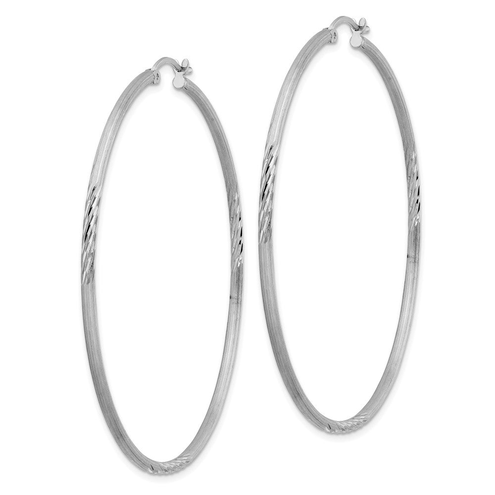 Sterling Silver Rhodium-Plated 2mm Polished/Satin Diamond-Cut Hoop Earrings
