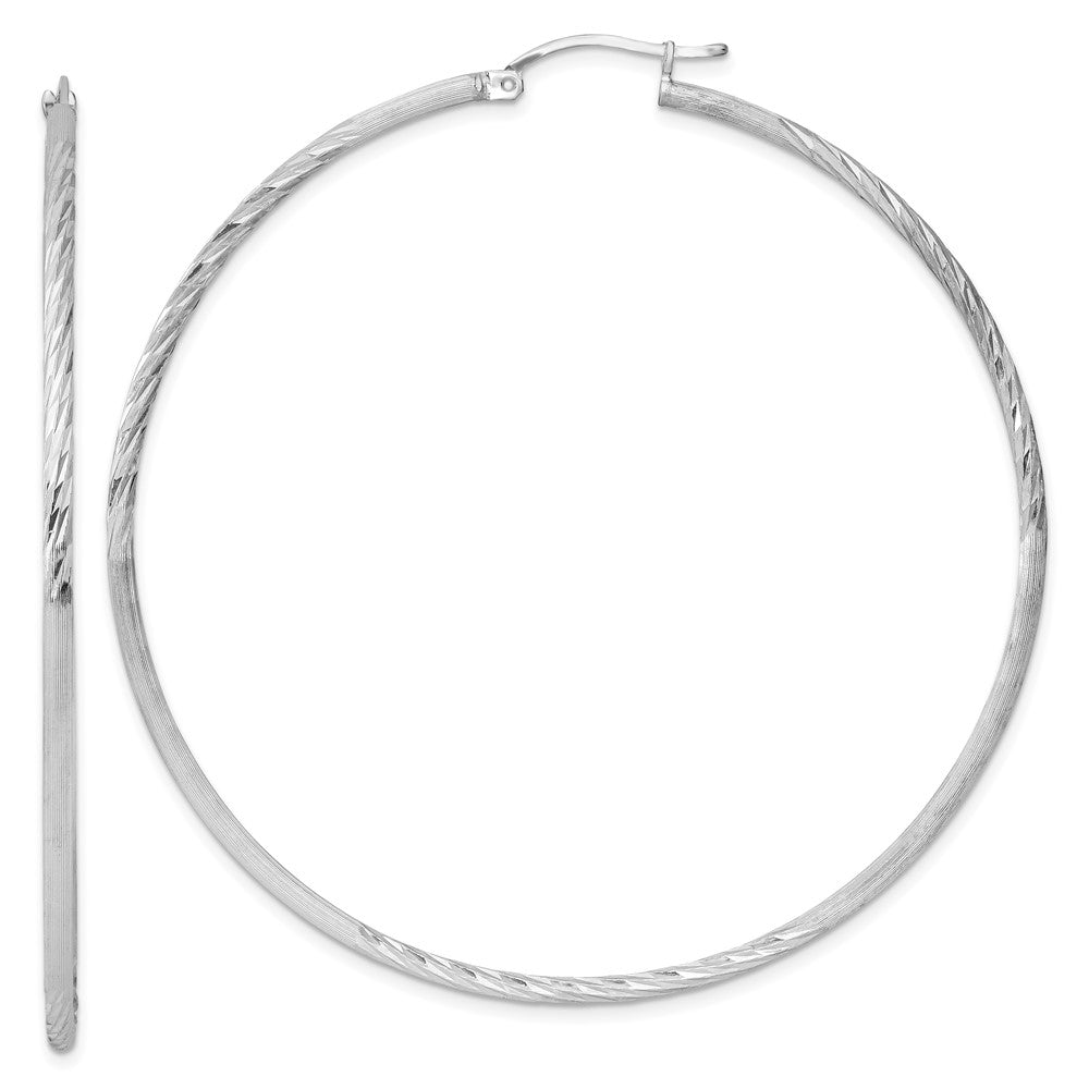 Sterling Silver Rhodium-Plated 2mm Polished/Satin Diamond-Cut Hoop Earrings