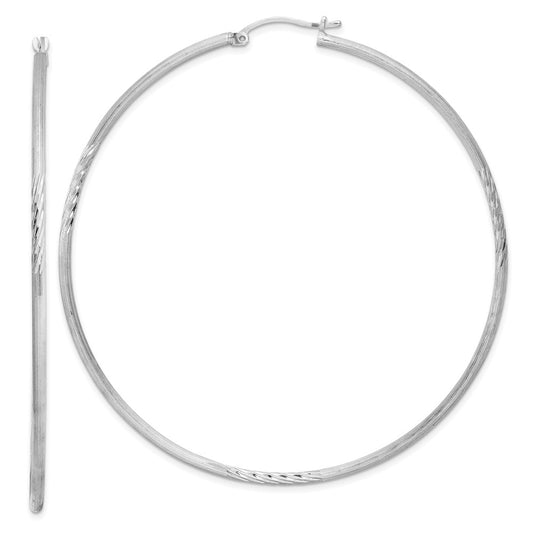 Sterling Silver Rhodium-Plated 2mm Polished/Satin Diamond-Cut Hoop Earrings
