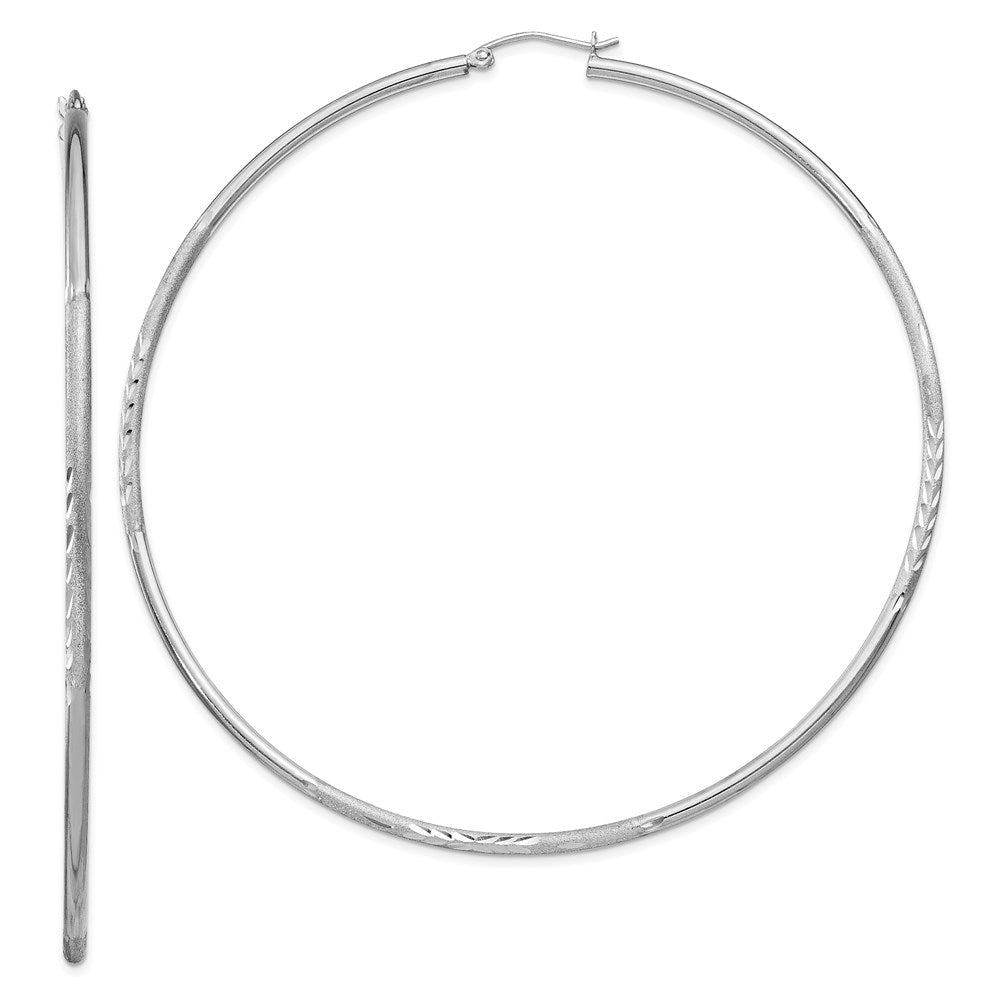 Sterling Silver Rhodium-Plated 2mm Polished/Satin Diamond-Cut Hoop Earrings