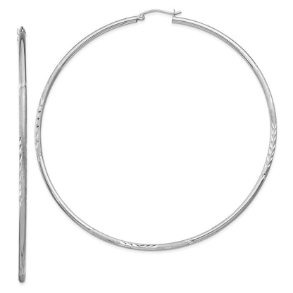 Sterling Silver Rhodium-Plated 2mm Polished/Satin Diamond-Cut Hoop Earrings