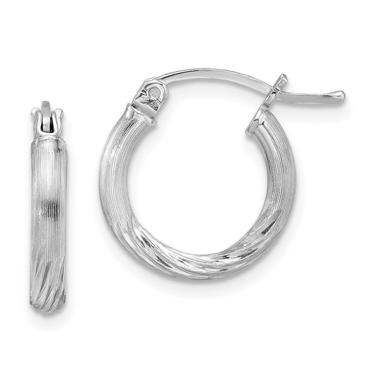 Sterling Silver Rhod-Plated 2.5mm Polished/Satin Diamond-Cut Hoop Earrings