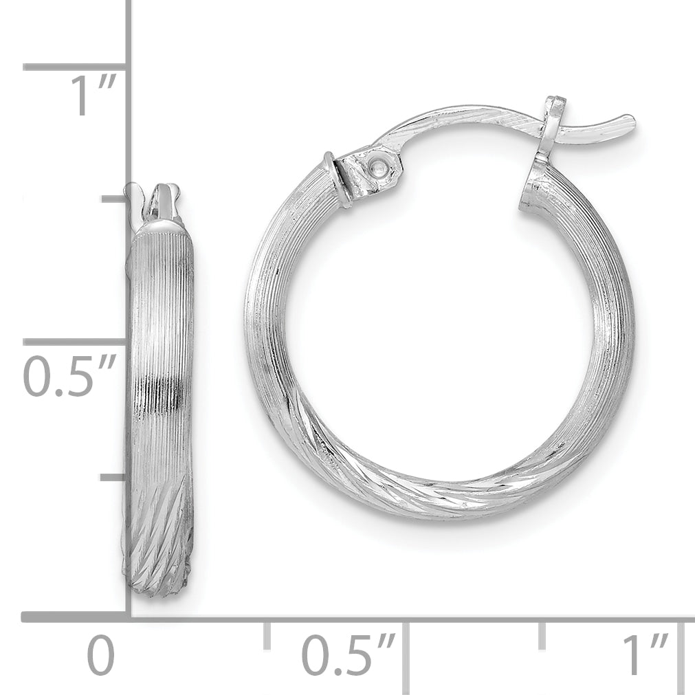 Sterling Silver Rhod-Plated 2.5mm Polished/Satin Diamond-Cut Hoop Earrings