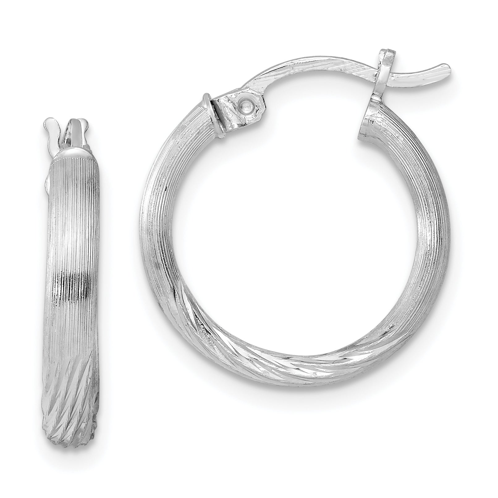 Sterling Silver Rhod-Plated 2.5mm Polished/Satin Diamond-Cut Hoop Earrings