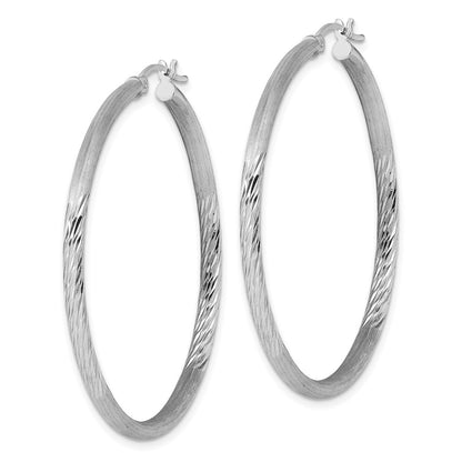 Sterling Silver Rhod-Plated 2.5mm Polished/Satin Diamond-Cut Hoop Earrings