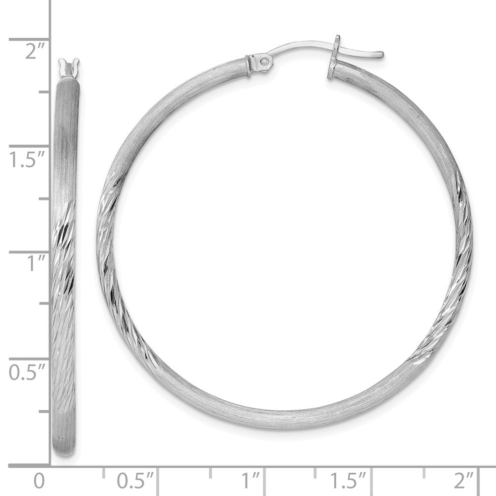 Sterling Silver Rhod-Plated 2.5mm Polished/Satin Diamond-Cut Hoop Earrings