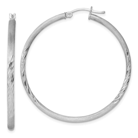 Sterling Silver Rhod-Plated 2.5mm Polished/Satin Diamond-Cut Hoop Earrings