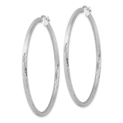 Sterling Silver Rhod-Plated 2.5mm Polished/Satin Diamond-Cut Hoop Earrings