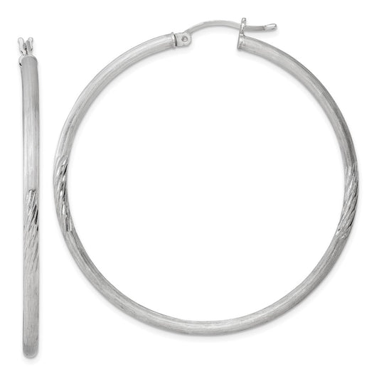 Sterling Silver Rhod-Plated 2.5mm Polished/Satin Diamond-Cut Hoop Earrings
