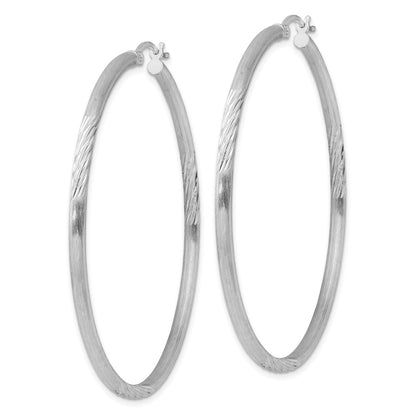 Sterling Silver Rhod-Plated 2.5mm Polished/Satin Diamond-Cut Hoop Earrings