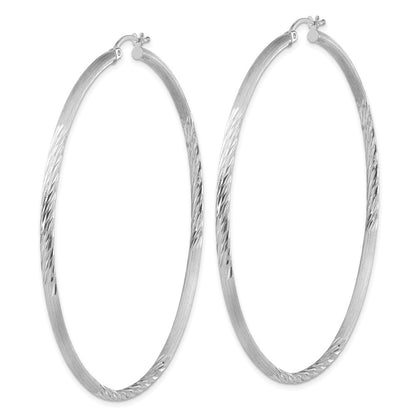 Sterling Silver Rhod-Plated 2.5mm Polished/Satin Diamond-Cut Hoop Earrings