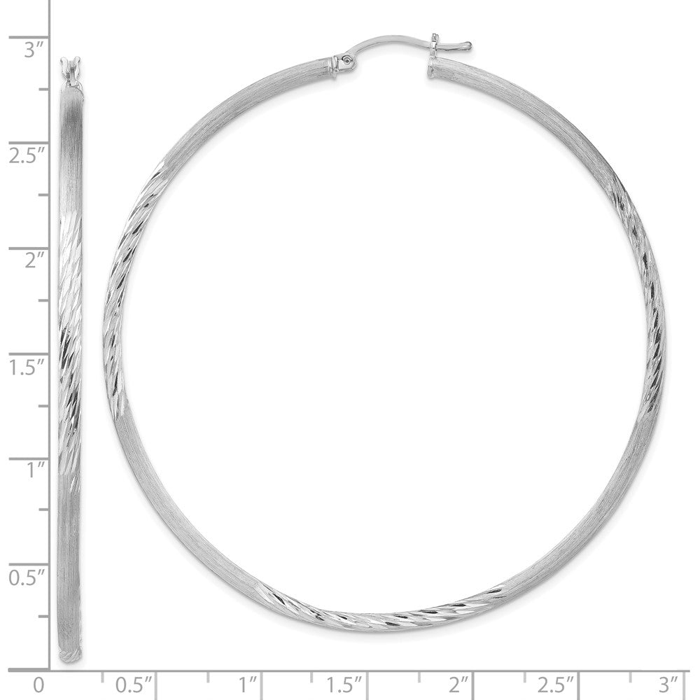 Sterling Silver Rhod-Plated 2.5mm Polished/Satin Diamond-Cut Hoop Earrings