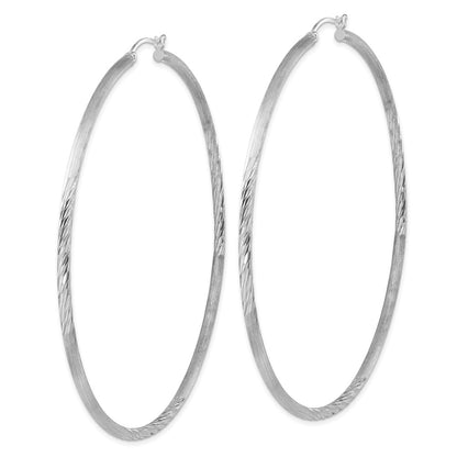 Sterling Silver Rhod-Plated 2.5mm Polished/Satin Diamond-Cut Hoop Earrings